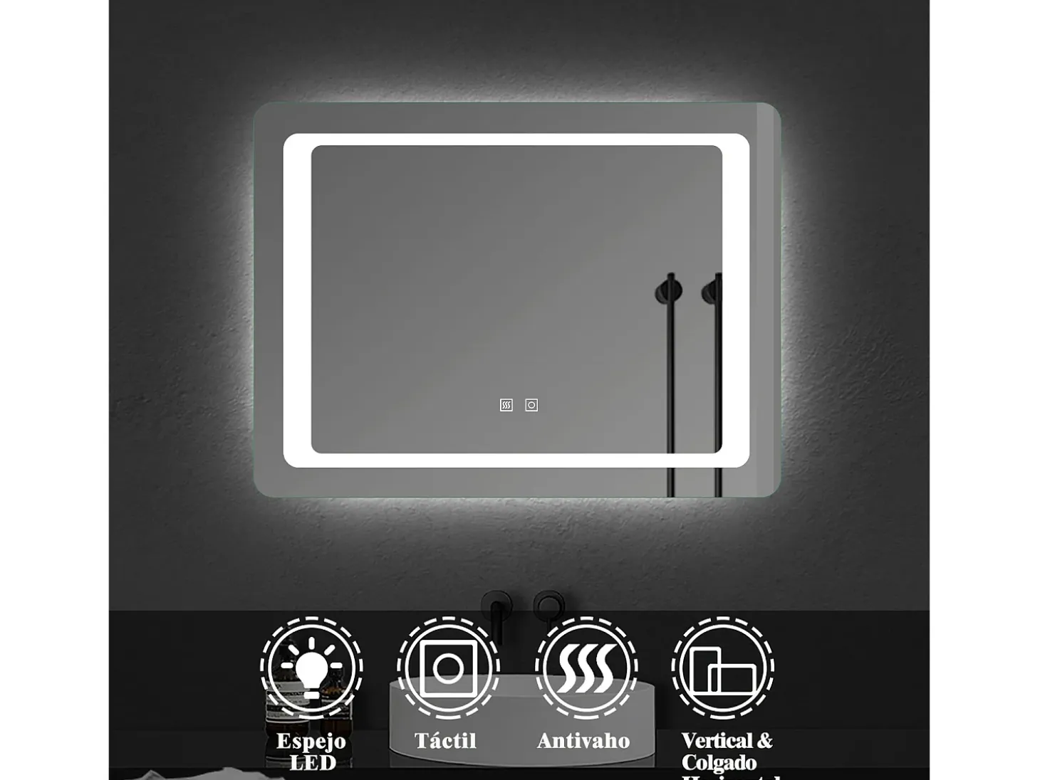 AICA espejo 80 x 60 cm ,rectangular ,luz led,antivaho y brillo regulable,función de memoria agapada