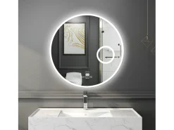 AICA espejo 60 x 60 cm, rendondo, reloj led, con función antivaho,con luz de 3 colores,brillo ajustable,función de memoria agapada