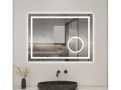 Sale AICA espejo 80 x 60 cm,rectangular,con función antivaho,Bluetooth，lupa 3x,reloj led, espejo con luz de 3 colores,brillo ajustable,función de memoria agapada Transparente