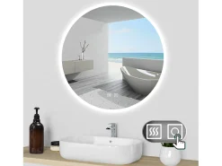 AICA Espejo de baño con iluminación LED Espejo redondo,60 x 60 cm, luz 3 colores, antivaho, brillo ajustable, memoria de apagado