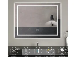 Aica Espejo^Espejo de baño LED 80×60cm,Bluetooth,Regulación continua,Antivaho Transparente