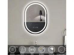 Aica Espejo^Espejo de baño LED 60×80cm,reloj,antivaho,luminosidad regulable,ovalado Transparente