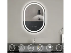 Aica Espejo de baño LED 50×70cm,reloj,antivaho,luminosidad regulable,ovalado
