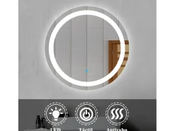 Aica Espejo^Espejo de baño LED redondo 60cm,antivaho,interruptor táctil Transparente