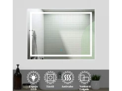 Aica Espejo de baño LED sin cobre 80×60cm,antivaho,interruptor táctil