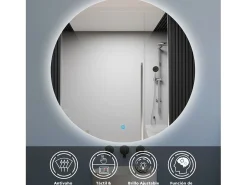 Aica Espejo de baño redondo LED 80×80cm, antivaho, brillo regulable, función memoria