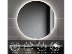 Aica Espejo^Espejo de baño redondo LED 60×60cm, antivaho, brillo regulable, función memoria Transparente