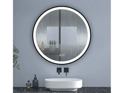 New Aica Espejo de baño redondo LED 80cm con marco, antivaho, luminosidad regulable Transparente