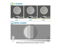 New Aica Espejo de baño redondo LED 80cm con marco, antivaho, luminosidad regulable Transparente