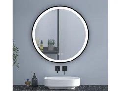 New Aica Espejo de baño redondo LED 80cm con marco, antivaho, luminosidad regulable Transparente