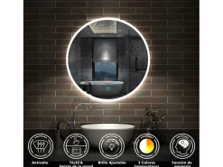 Aica Espejo redondo de baño LED 80cm,antivaho,brillo ajustable