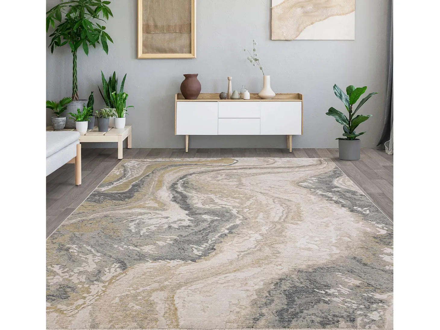 Alfombra abstracta - 160x240cm - gris, crema, oro - Seville Oro