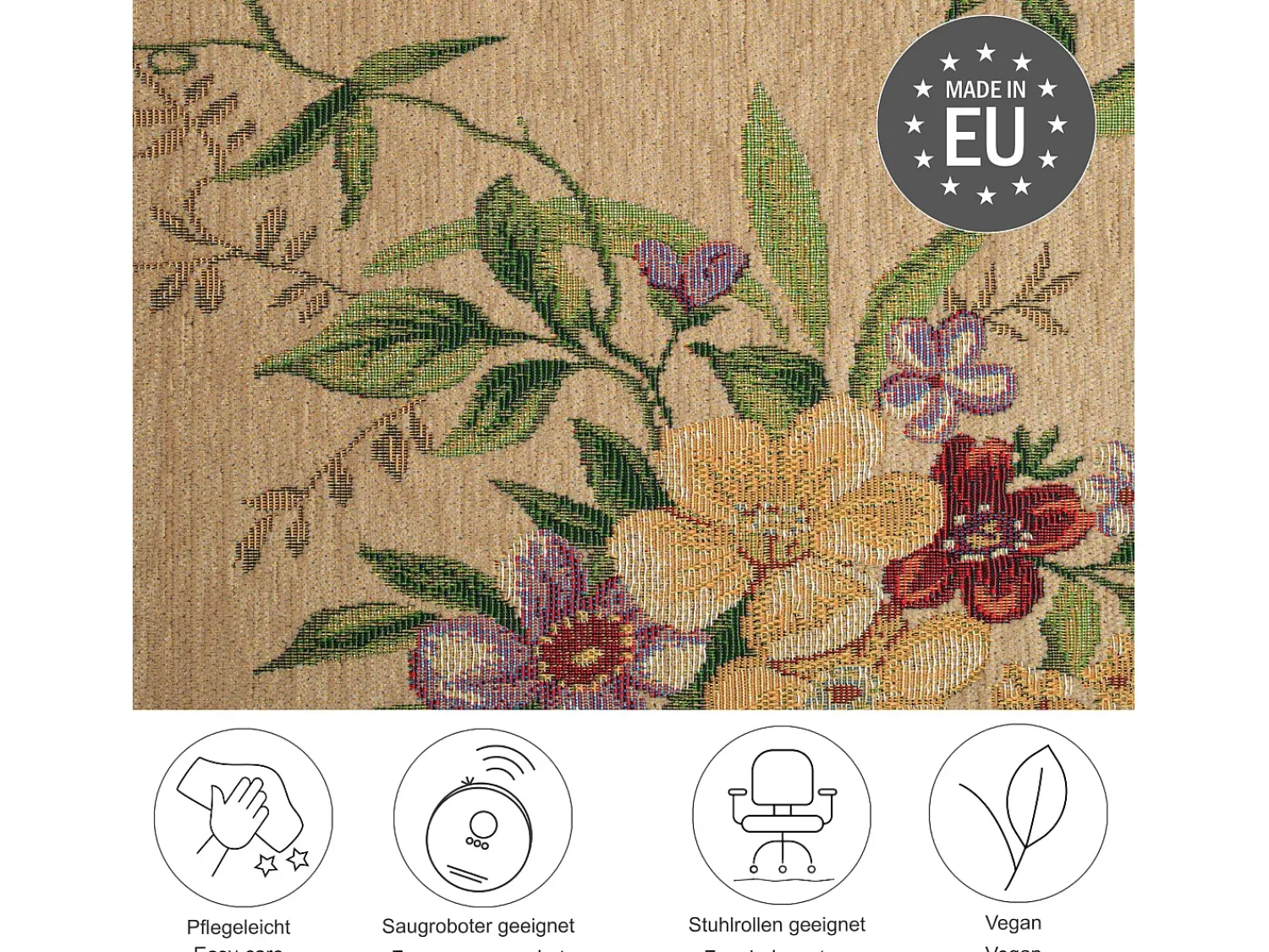 Alfombra De Salón^Alfombra con borde y motivos florales 70x400 cm Flomi Beige