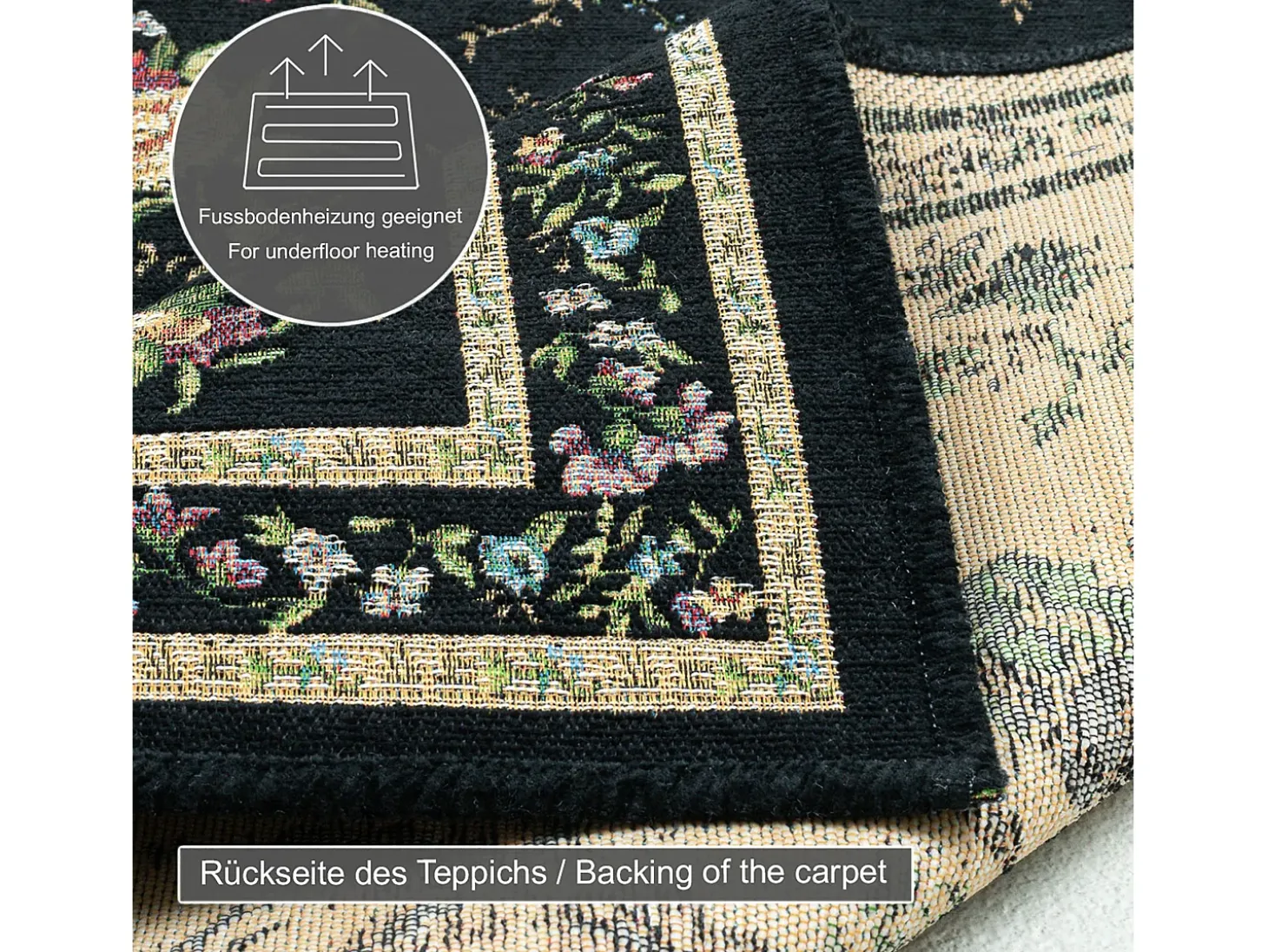 Alfombra con borde y motivos florales 60x90 cm Negro Flomi