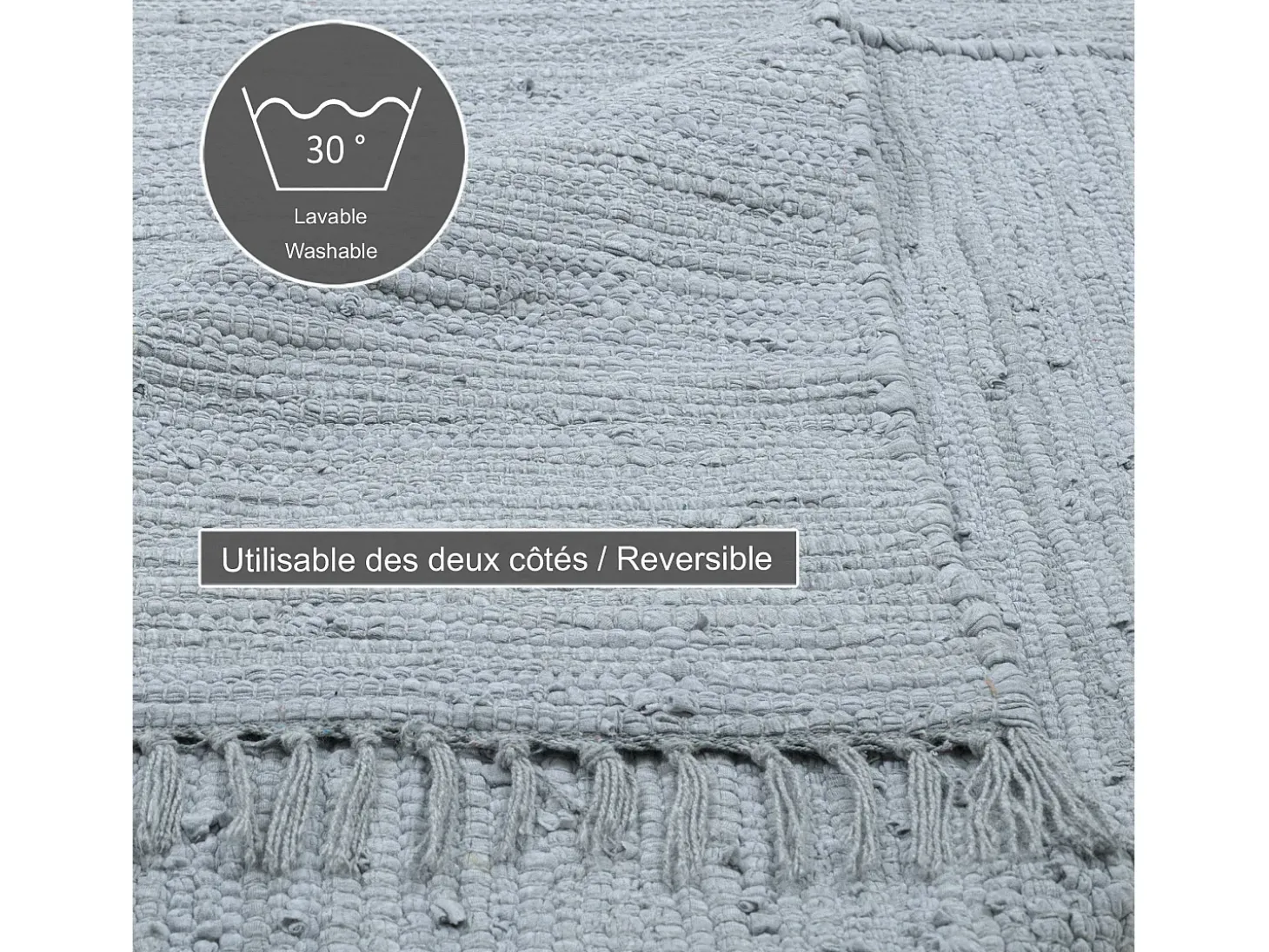 Alfombra de algodón tejida a mano y reversible 40x60 cm Gris Happy Cotton