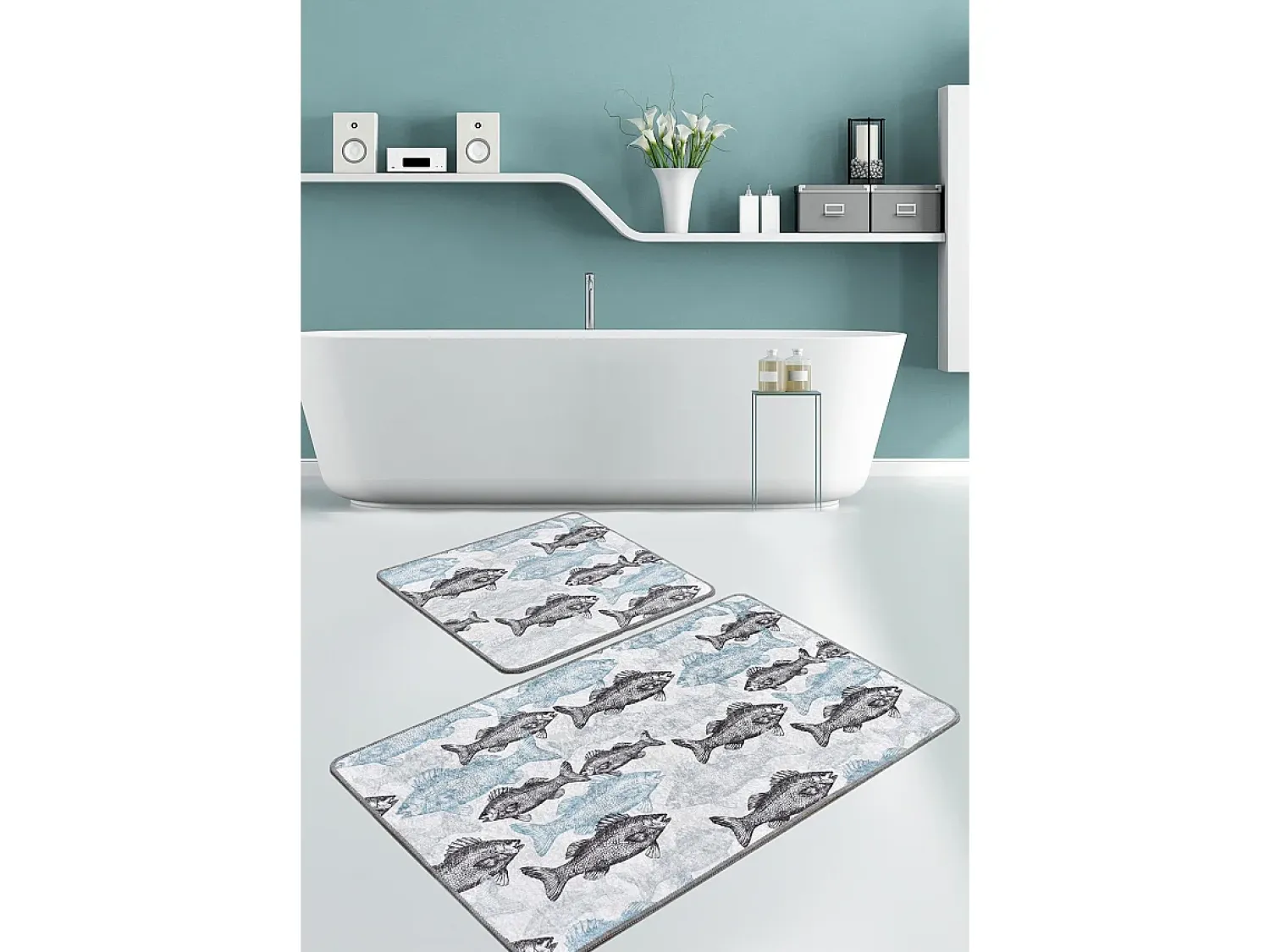 Online Alfombra de baño Set (2 piezas) Aqua Fish DJT Multicolor