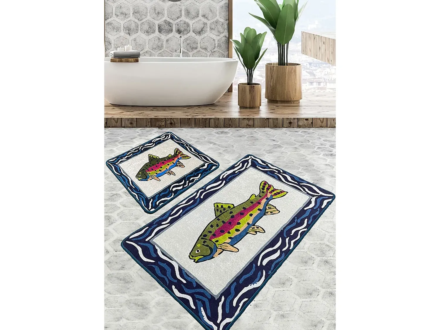 Alfombra De Baño|Ropa De Cama^Alfombra de baño Set (3 piezas) Pescado Multicolor