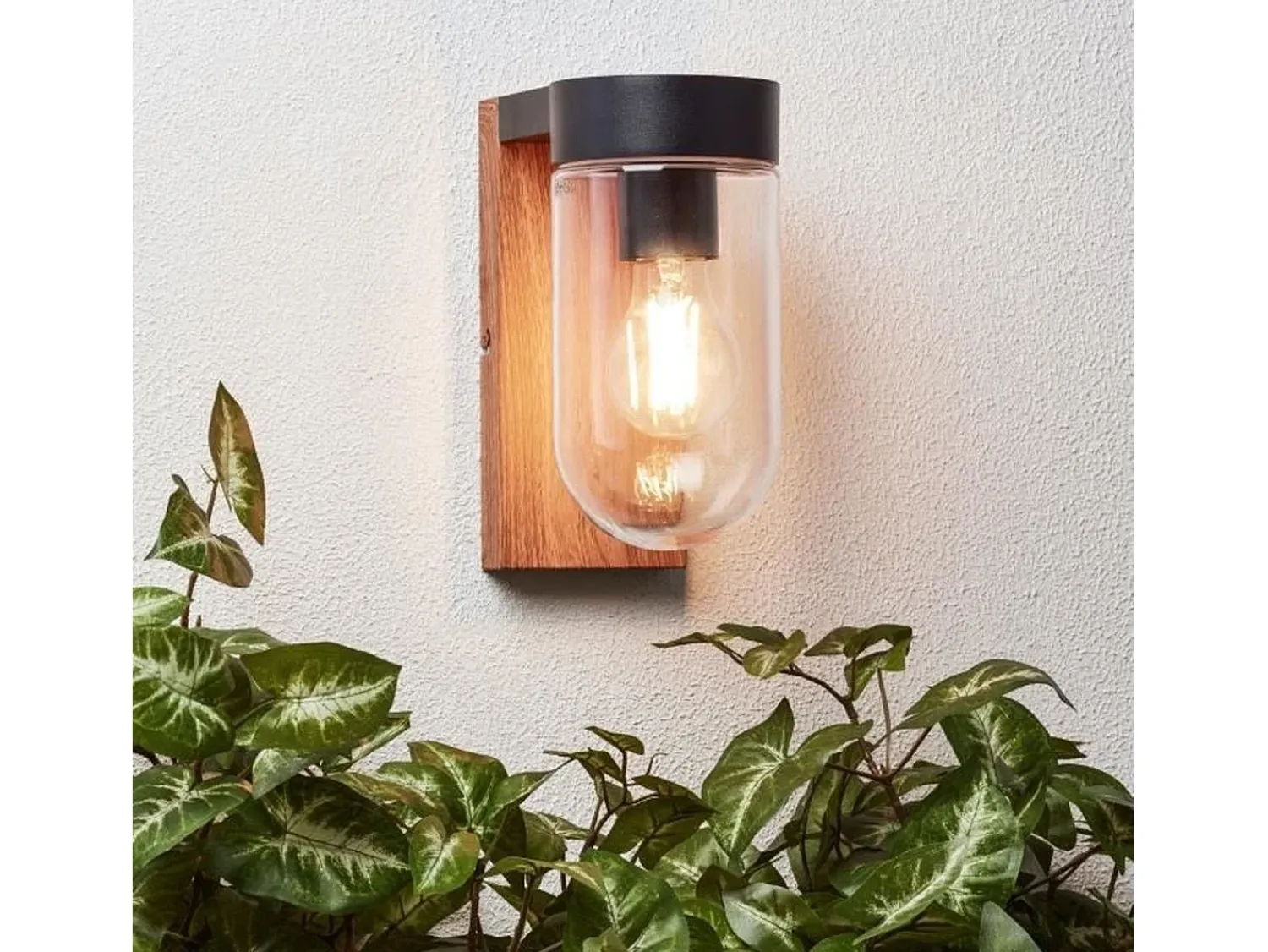 BRAYTRON Iluminación Exterior^Aplique de pared exterior, madera oscura, metal negro y cristal, casquillo E27, 1 x 40 W Transparente