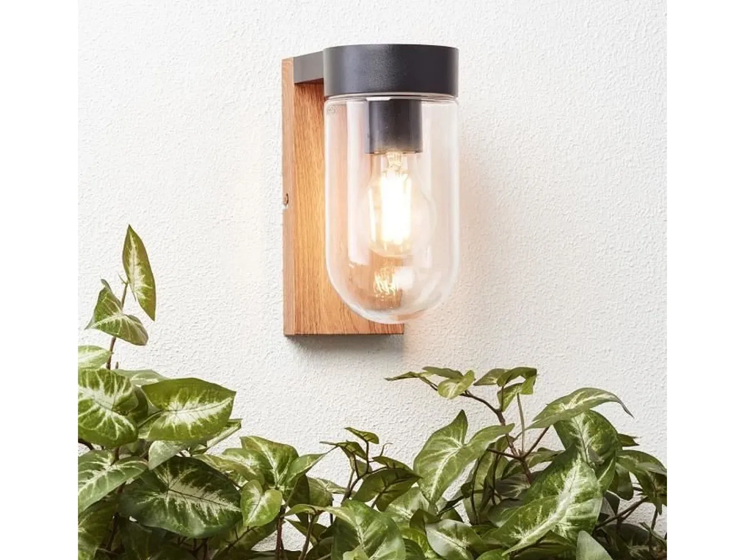 BRAYTRON Iluminación Exterior^Aplique de pared exterior, madera oscura, metal negro y cristal, casquillo E27, 1 x 40 W Transparente