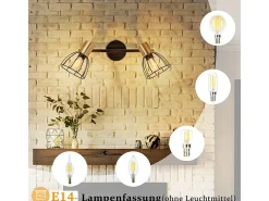 Best NETTLIFE Aplique de pared para interior , vintage, casquillo E14, , giratorio 350°, de metal, con 2 luces (bombillas no incluidas) Negro