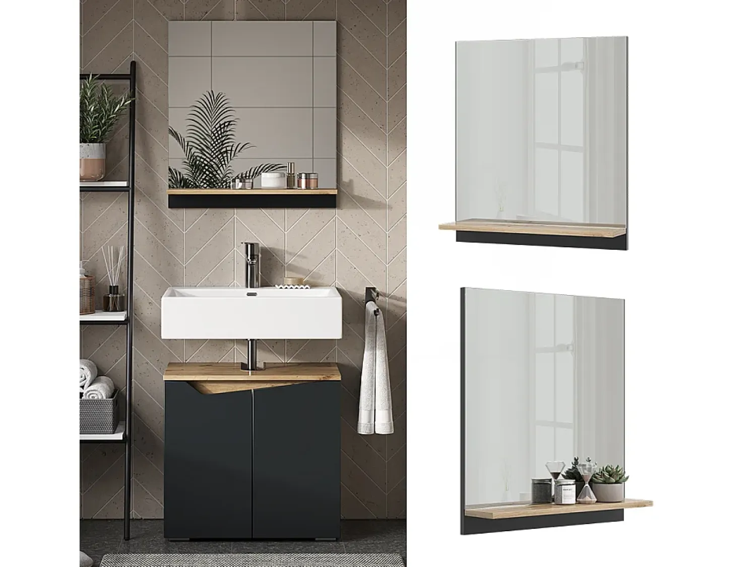 Outlet Vicco Armario con espejo para baño antracita/artisan 60x14x67 marelle Negro