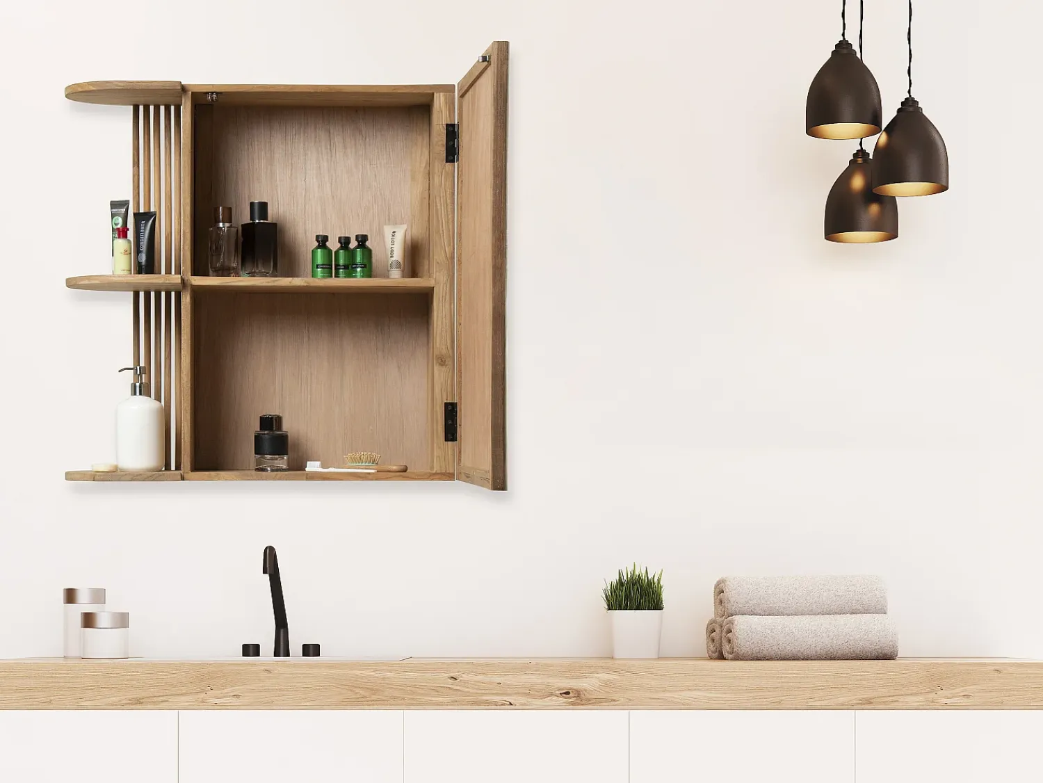 OZAIA Espejo De Pared|Espejo^Armario de baño de pared de teca con espejo - Ancho 65 x Prof. 20 x Alt. 65 cm - CIMAHI Color natural claro