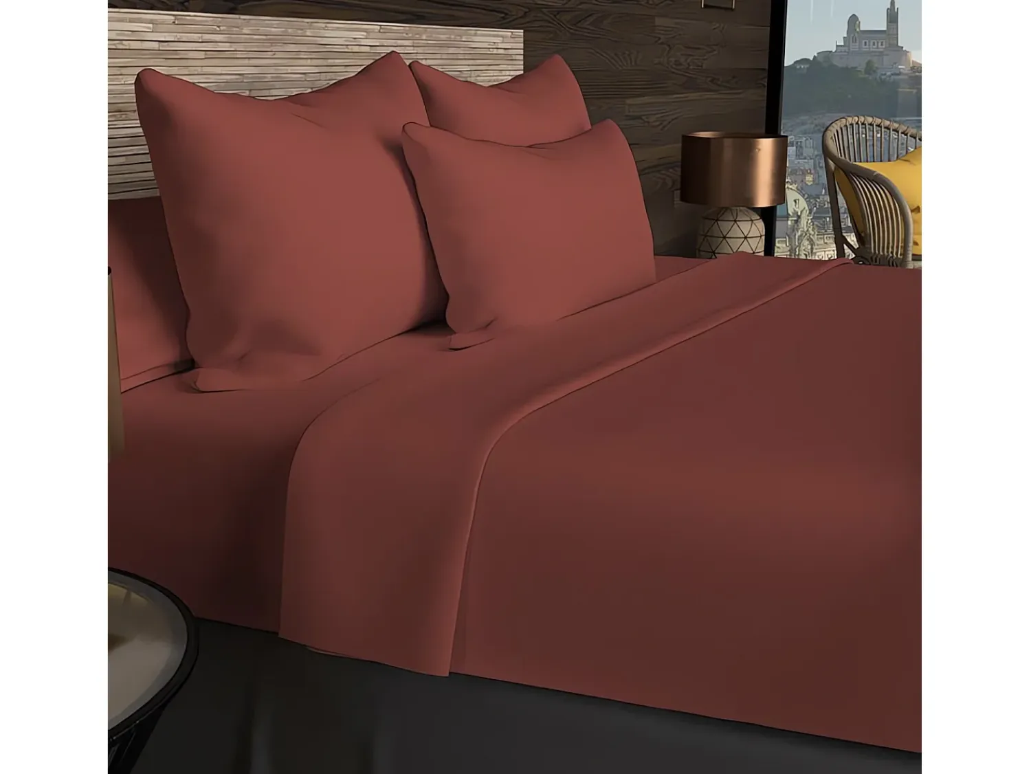 Soleil d'ocre Ropa De Cama^Bajera ajustable de algodón 57 hilos 90x200 cm LISO Ladrillo Rojo