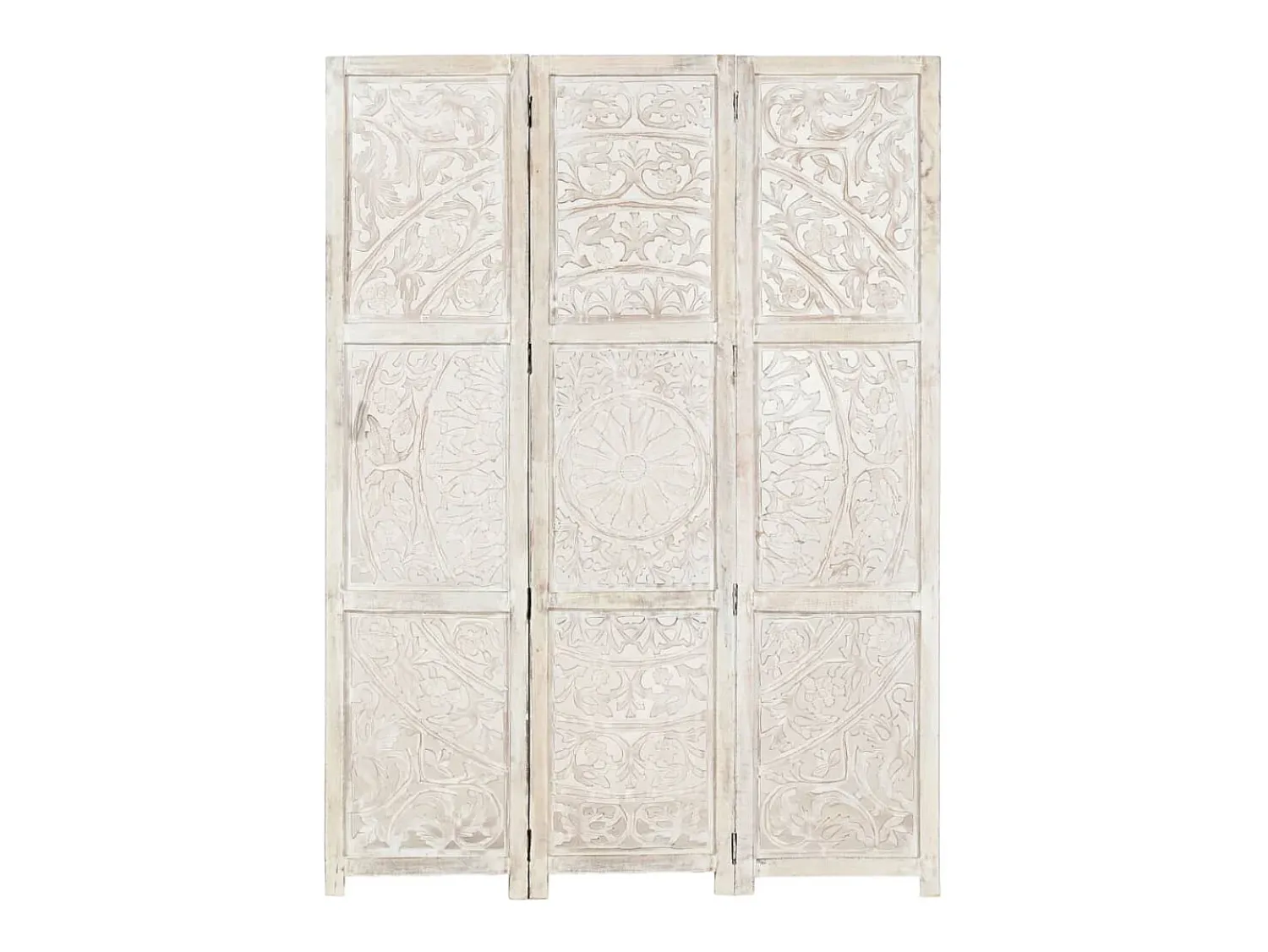 vidaxl Biombo^Biombo 3 paneles tallado a mano madera mango 120x165 cm Blanco