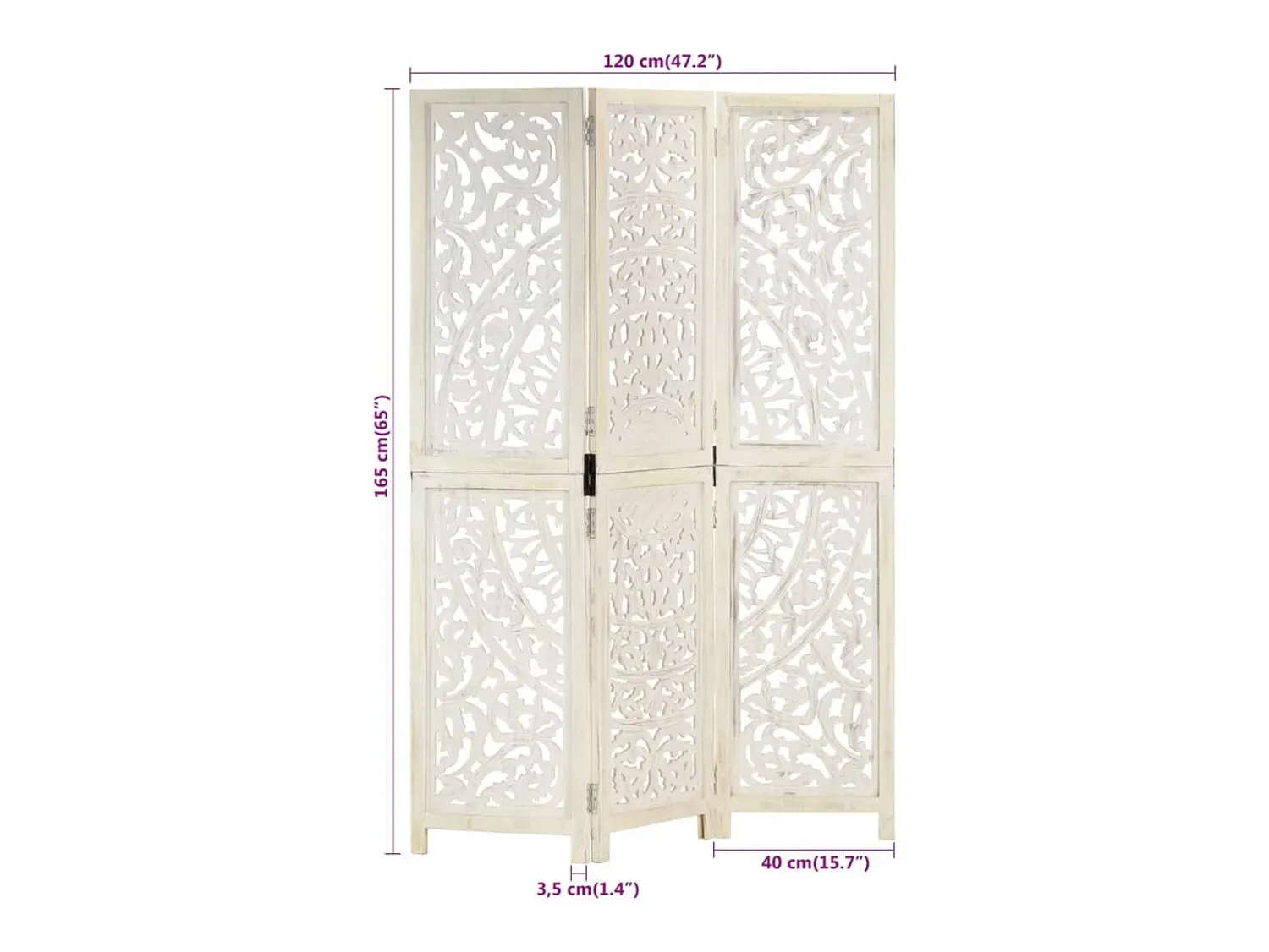 vidaxl Biombo^Biombo 3 paneles tallado a mano madera mango 120x165 cm Blanco