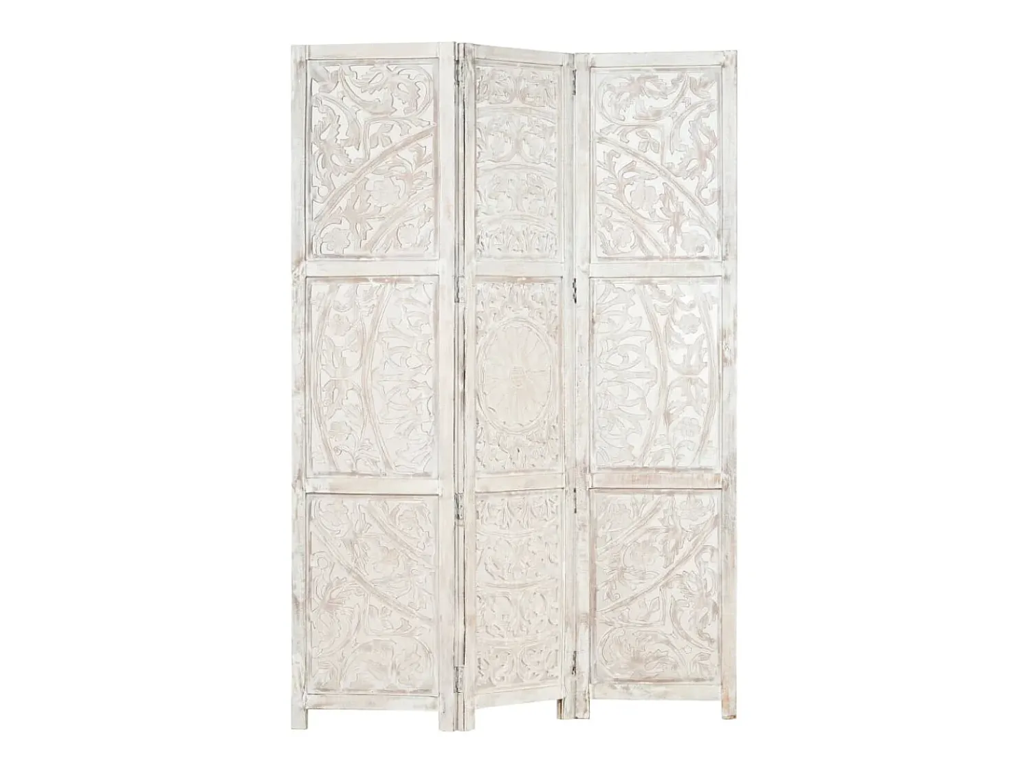 vidaxl Biombo^Biombo 3 paneles tallado a mano madera mango 120x165 cm Blanco