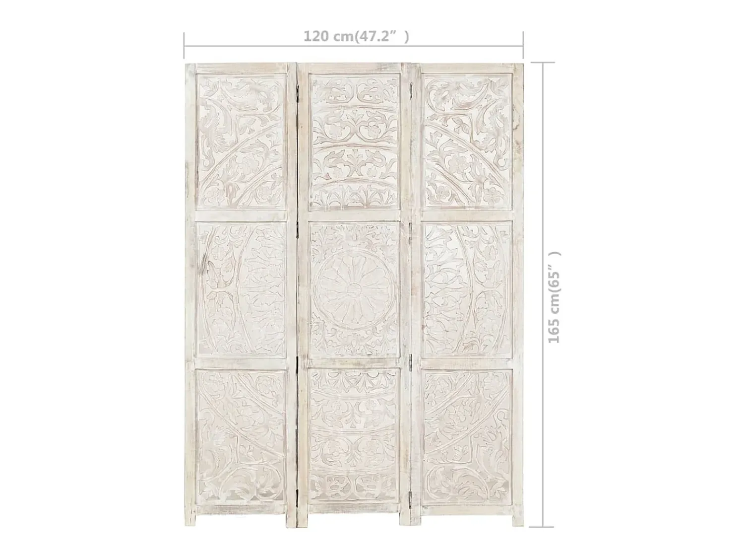 vidaxl Biombo^Biombo 3 paneles tallado a mano madera mango 120x165 cm Blanco
