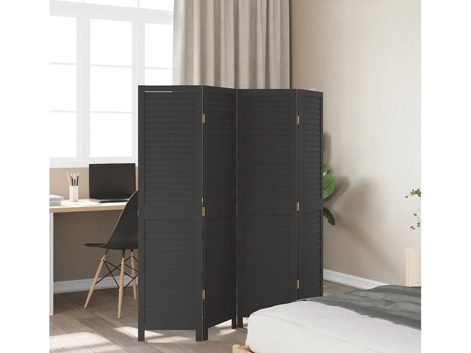 Sale Biombo separador de 4 paneles madera maciza Paulownia ES130446 Negro