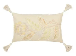 Cojín rectangular flor + flecos en algodón/lino/poliéster amarillo claro 50x30x15 cm