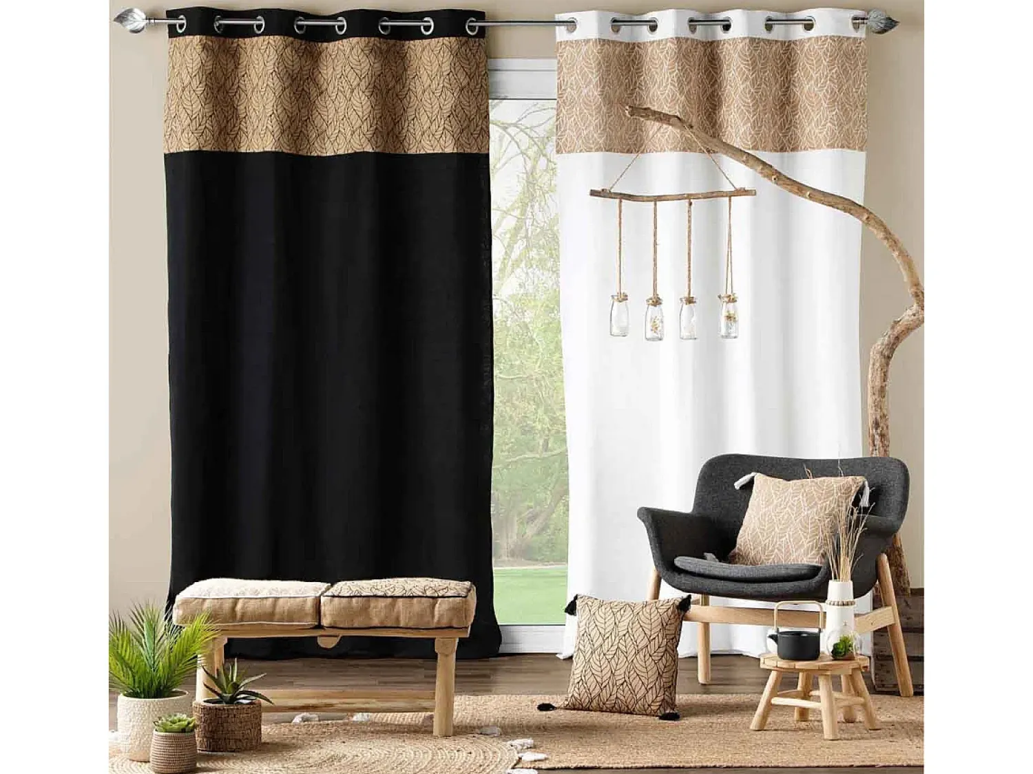Douceur d'intérieur Ropa De Casa^Cortina bi material con lona de yute estampada 140 x 240 cm Blanco
