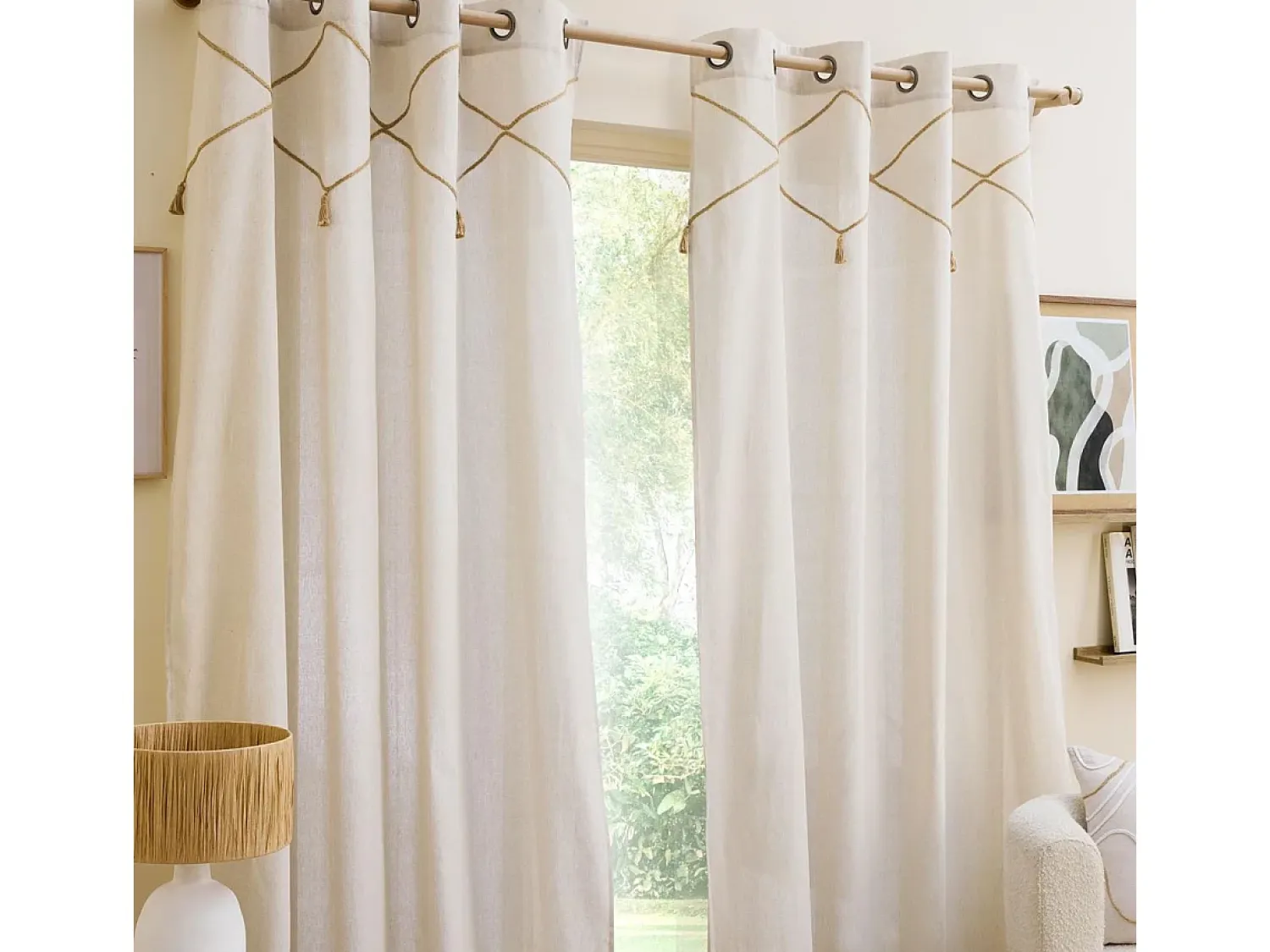 Douceur d'intérieur Ropa De Casa^Cortina con ojales de yute con borlas Beige