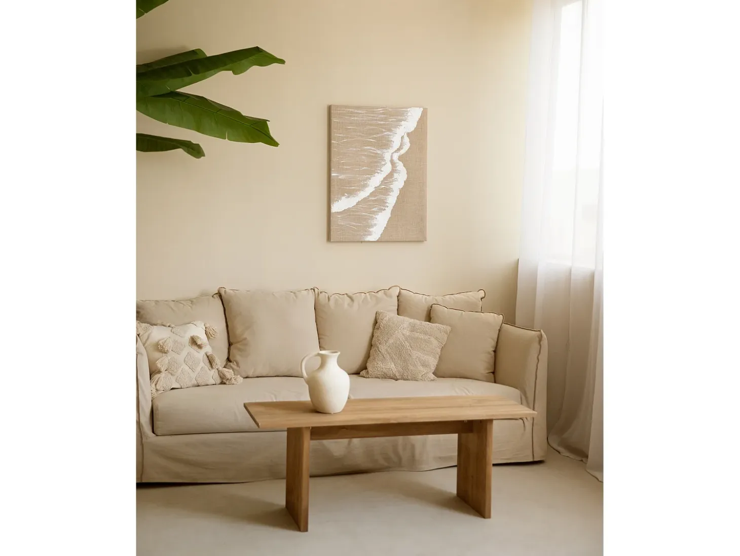 Cuadro decorativo sobre lienzo de lino con marco de madera marrón claro pintado artesanalmente con pintura al oleo de 100x150cm - ADRIANA - DECOWOOD