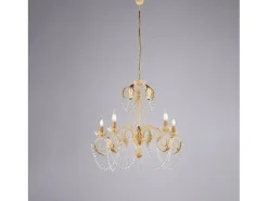 Lámpara Suspendida^Damasco - Lámpara de hierro lacado con decoración. Efecto decapé y acabados en oro antiguo con pedrería de cristal 5 luces 125 - Ø63 Marfil