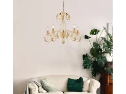 Lámpara Suspendida^Damasco - Lámpara de hierro lacado con decoración. Efecto decapé y acabados en oro antiguo con pedrería de cristal 5 luces 125 - Ø63 Marfil