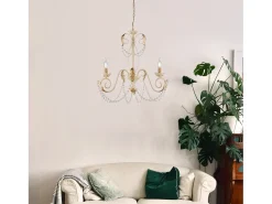 New Damasco - Lámpara de hierro lacado con decoración. Efecto decapé y acabados oro antiguo con pedrería de cristal 3 luces 120 - Ø47 Marfil