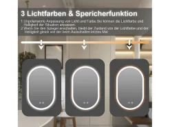Espejo de baño con iluminación LED 70x50 cm, antideflagrante de vidrio anti-fog, espejo de interruptor de pared ovalado, 3 colores, 6500k