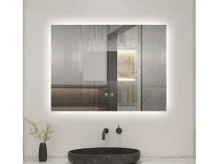 New Aica Espejo de baño con LED,80 x 60 cm, con iluminación LED de tres colores,rectangular, función antivaho, memoria de apagado y brillo ajustable. Transparente