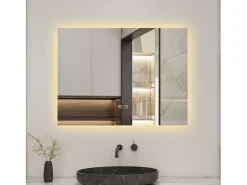 New Aica Espejo de baño con LED,80 x 60 cm, con iluminación LED de tres colores,rectangular, función antivaho, memoria de apagado y brillo ajustable. Transparente