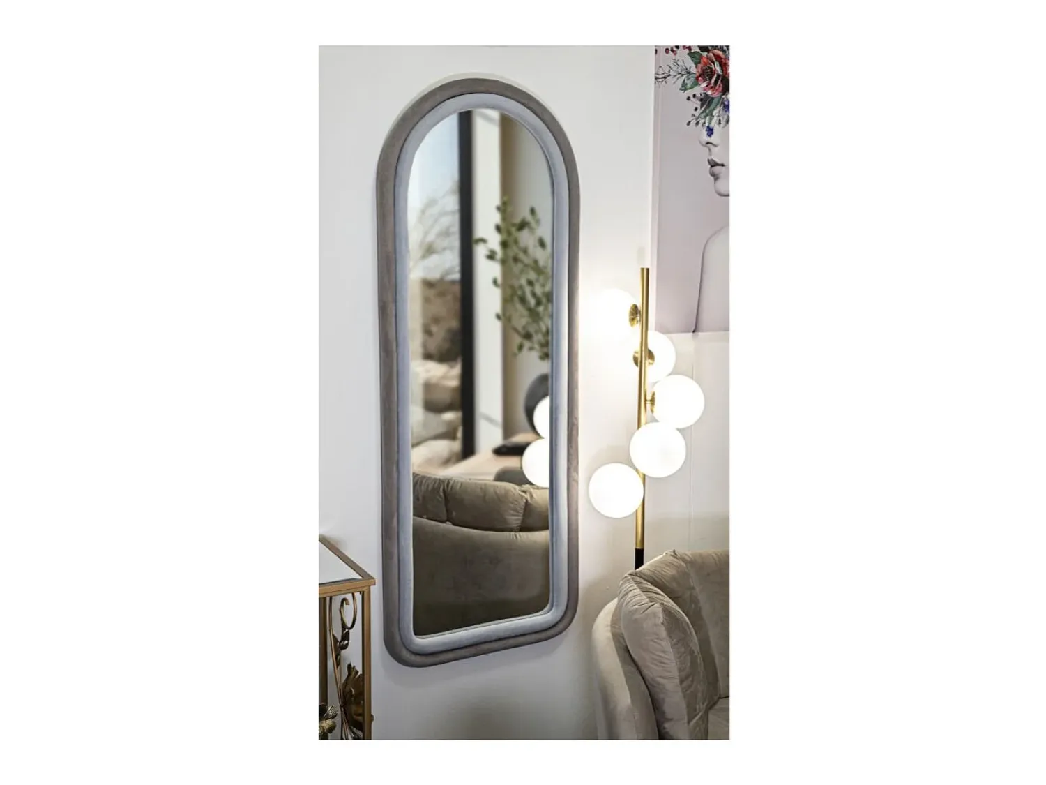 New Espejo de pared con marco arqueado de tela 160x60x4 cm Cloe - Gris Topo