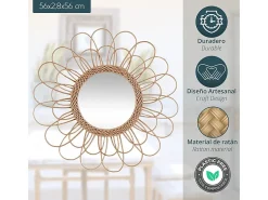 Espejo de pared redondo Flor en ratán beige 56 cm con espejo central de 23,5 cm para fijar en la pared