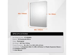 Clearance Espejo de Pared SucceBuy, 91,5 x 91,5 cm, Plata, Espejo Resistente a Rayones con Soporte en Forma de Z, con Contornos en Aleación de Aluminio Plateado