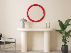 Espejo mural redondo de madera de paulonia, D.60 cm, Rojo brillante, MAELO