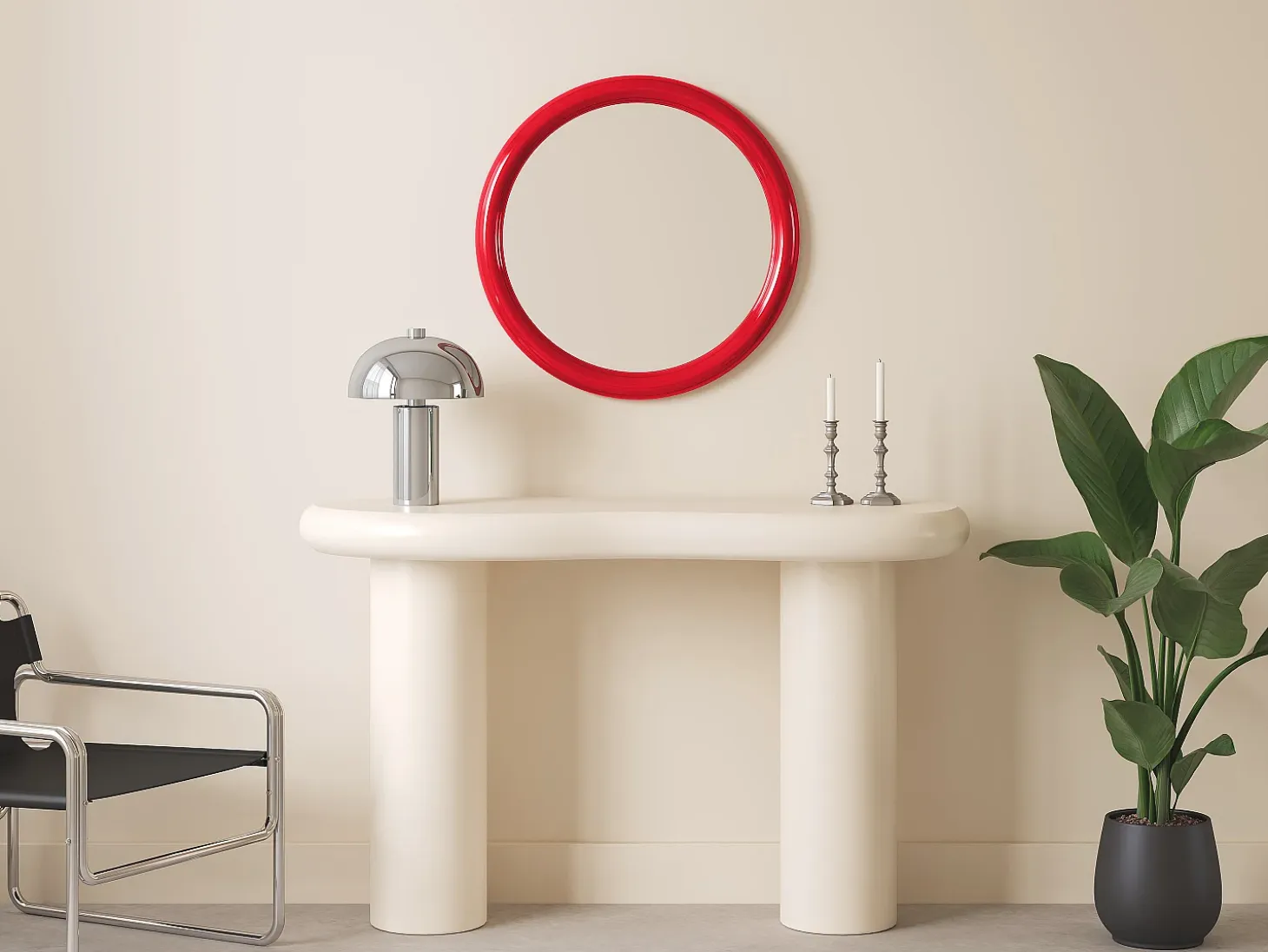 Espejo mural redondo de madera de paulonia, D.60 cm, Rojo brillante, MAELO