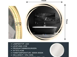 Espejo NETTLIFE con Iluminación Espejo de Baño Redondo LED Espejo de Baño 70cm Redondo IP44 Espejo de Baño con Táctil