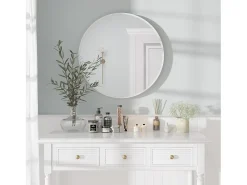 Espejo redondo de pared, espejo HD moderno de 60x60cm en el entorno para decorar, baño, dormitorio, blanco