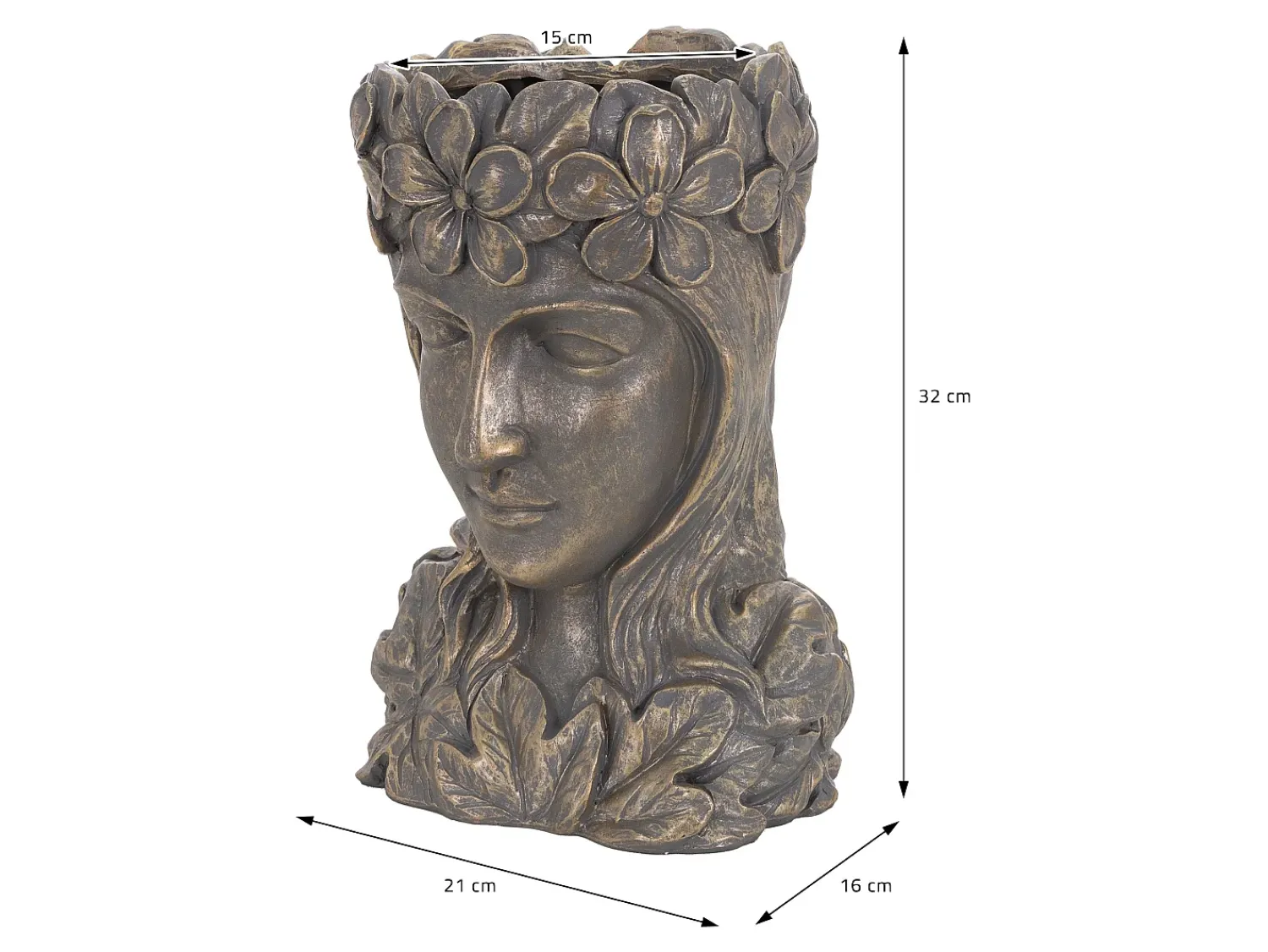 ML-DESIGN Macetero^Figura decorativa maceta 21 x 16 x 32 cm jarrón florero forma de cara Bronce